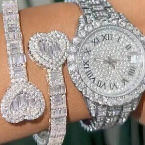 Iced Out Bling Opened Heart Zircon Charm  Silver Rhinestone Bracelet